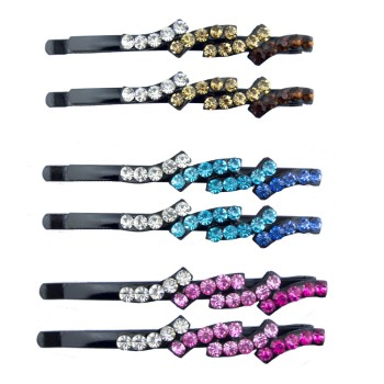 HAND Colourful Overlap Design Crystal Hair Pin Barrettes - 6 cm Long - Pack of 3 Pairs