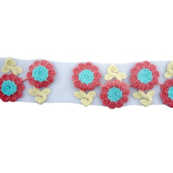 HAND Cute Knitted Pink and Blue Flower Fabric Decorative Trim Sew on Trim w/ net Backing - Half Metre Appx 8pcs (5x8cm)