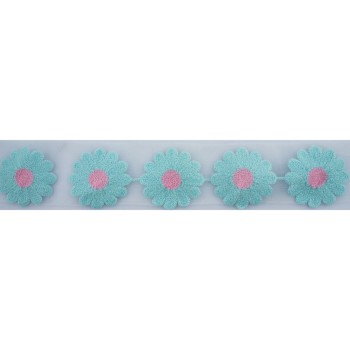HAND Cute Blue and Pink Knitted Flower Fabric Decorative Trim Sew on Trim w/ net Backing - 1 Metre Appx 14pcs (6.4x6.4cm)
