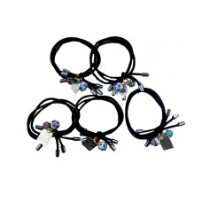 HAND Silver Tone Charm with Crystal and Porcelain Effect Beads Black Hairband Ponytail Loops - Pack of 5
