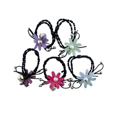 HAND Large Flower and Pearlescent Bead Black Hairband Ponytail Loops - Pack of 5