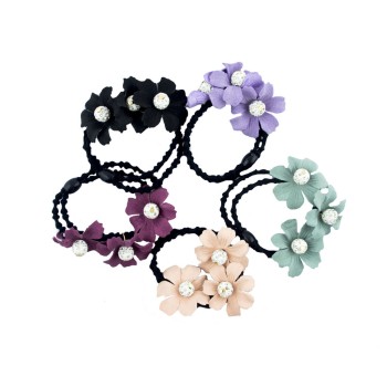 HAND Large Flower with Gold and White Bead Black Hairband Ponytail Loops - Pack of 5