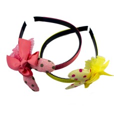 HAND Pretty Girl's Glitter Rabbit Ears Alice Band Hairband with Lace Ruffle and Large Ribbon Bow - Pack of 2