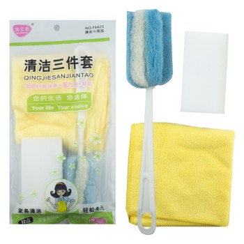 HAND® F6425 Set of 3 Household Cleaning Kit with Flannel Cloth, Sponge and Long Handle Sponge for Sensitive Skin