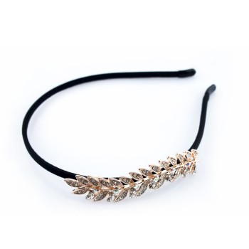 HAND® Stylish Black Head Band with a Pretty Copper Tone and Clear Crystal Fern Motif