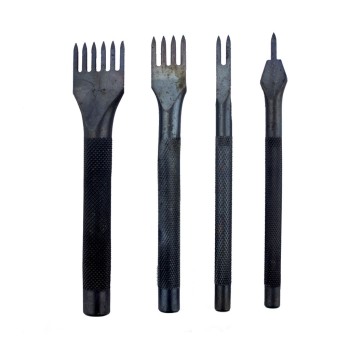 HAND® Set of 4 Premium Professional Black Tone Metal Lacing Stitching Chisel Punch Tool - 1, 2, 4 and 6 Prongs 3mm Width