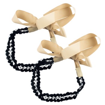 HAND® Beige Stylish Hair Ribbon Head Band with Silver Tone and Black Fabric Chain Link - 124 x 2.5 cm - Set of 2