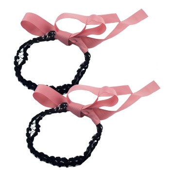 HAND® Pink Stylish Hair Ribbon Head Band with Silver Tone and Black Fabric Chain Link - 124 x 2.5 cm - Set of 2