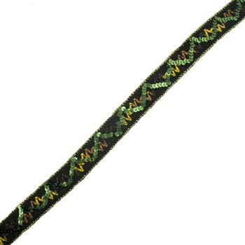 HAND® Green Sequin Yellow Highlight Gold Edge Fabric Sew In Trim for Clothing and Accessory Embellishment - 27 mm Wide - 3 Metres
