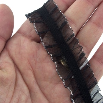 HAND® Black Elasticated Narrow Silver Edging Ruffle Trim for Stocking and Accessory Embellishment - 22 mm Wide - 3 Metres