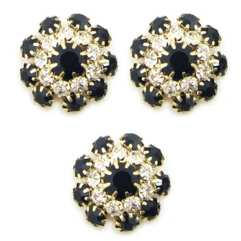 HAND® Set of 3 Pretty Black and Clear Crystal Buttons in a Metal Setting - 20 mm Diameter
