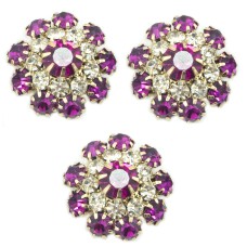 HAND® Set of 3 Pretty Magenta and Clear Crystal Buttons in a Metal Setting - 20 mm Diameter