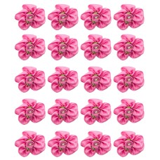 HAND® Pack of 20 Bright Pink Pretty Satin Ribbon Flower Trims with Green Ribbon Leaves and Central Pearl Bead - 30 mm