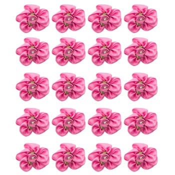 HAND® Pack of 20 Bright Pink Pretty Satin Ribbon Flower Trims with Green Ribbon Leaves and Central Pearl Bead - 30 mm