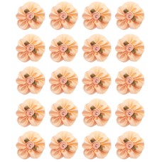 HAND® Pack of 20 Peach Pretty Satin Ribbon Flower Trims with Green Ribbon Leaves and Central Pearl Bead - 30 mm