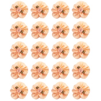 HAND® Pack of 20 Peach Pretty Satin Ribbon Flower Trims with Green Ribbon Leaves and Central Pearl Bead - 30 mm