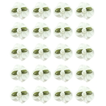 HAND® Pack of 20 White Pretty Satin Ribbon Flower Trims with Green Ribbon Leaves and Central Pearl Bead - 30 mm