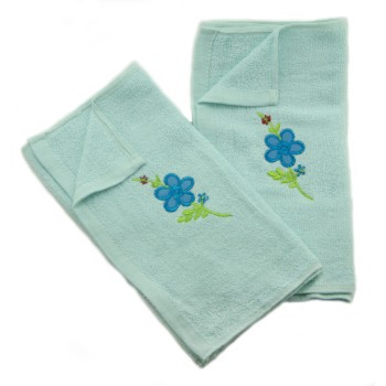 HAND® 8006 A Pair of Pastel Green Pretty Embroidery Flower Design Hand Towels - 68 x 30 cm