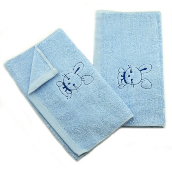 HAND® 6001 Pastel Blue Super Soft 100% Cotton Embroidered Bunny Rabbit Kids Face Towels - 48 x 26 cm - Set of 2