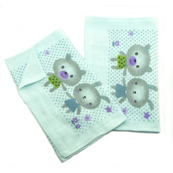 HAND® 0581 Blue Happy Baby Bear and Rabbit 100% Cotton Large Face Cloths - 48 x 26 cm