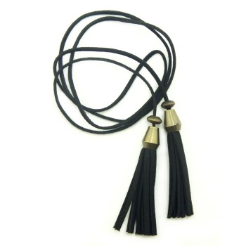 HAND® Pretty Black Suede Double Tassel Thong Loop With Vintage Gold Trim for Garment, Hat, Bag and Accessory Decoration - Perfect As Necklace