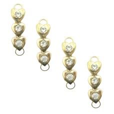 No.8129 Pretty Gold Tone Three Hearts and White Crystals Embellishments With End Rings for Bracelets, Anklets, Shoes, Belts, Bags - 48 mm Long - Set of 4
