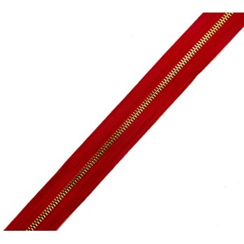 HAND® No.3 Red Continuous Cut to Any Size Upholstery Gold Metal Zip - 32 mm Width - Per Meter