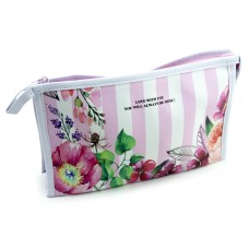 HAND® Pink Floral Stripe Waterproof Pencil Case / Make-Up Bag with Mirror - 230 x 140 mm