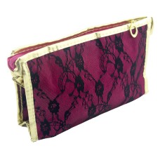 HAND® Deep Pink Black Lace Gold Trim Pencil Case / Make-Up Bag with Mirror - 230 x 140 mm
