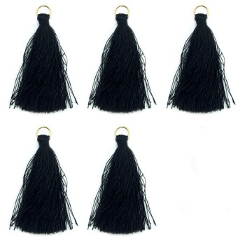 HAND® Set of 5 Black Silky Tassels with Antique Brass Tone Metal Rings - 5 cm Long
