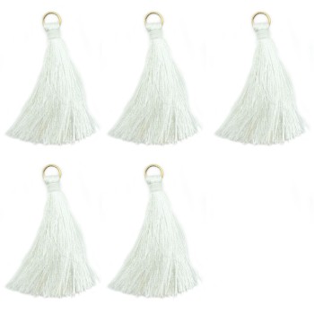 HAND® Set of 5 White Silky Tassels with Antique Brass Tone Metal Rings - 5 cm Long