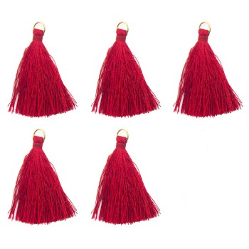 HAND® Set of 5 Red Silky Tassels with Antique Brass Tone Metal Rings - 5 cm Long