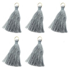 HAND® Set of 5 Grey Silky Tassels with Antique Brass Tone Metal Rings - 5 cm Long