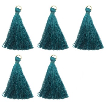 HAND® Set of 5 Teal Green Silky Tassels with Antique Brass Tone Metal Rings - 5 cm Long