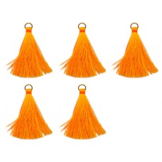 HAND® Set of 5 Neon Orange Silky Tassels with Antique Brass Tone Metal Rings - 5 cm Long