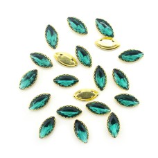 HAND® Gold Tone Peacock Green Crystal Glass Lozenge Sew On Embellishments 15 x 7 mm - Pack of 20