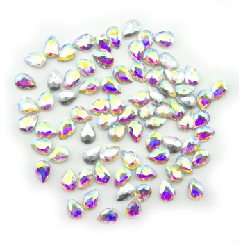 HAND® Iridescent AB Crystal Glass Teardrop Sew On Embellishments with Silver-Grey Tone Backing - 10 x 14mm - Pack of 50 HAND® Iridescent AB Crystal Glass Teardrop Sew On Embellishments with Silver-Grey Tone Backing - 10 x 14mm - Pack of 50