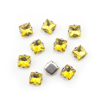 HAND® Set of 10 Square Golden Yellow Glass Crystal Sew In Trims in Silver Tone Metal Mounts - 8 x 8 mm