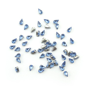 HAND® Set of 25 Small Blue Glass Crystal Teardrop Sew In Trims with Silver Tone Metal Mounts - 6 x 3 mm