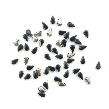 HAND® Set of 25 Small Black Glass Crystal Teardrop Sew In Trims with Silver Tone Metal Mounts - 6 x 3 mm