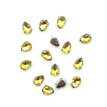 HAND® Set of 15 Golden Yellow Teardrop Glass Crystal Sew in Trims with Silver Tone Metal Mounts - 10 x 7 mm