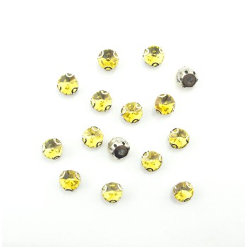 HAND® Set of 15 Golden Yellow Round Glass Crystal Sew in Trims with Silver Tone Metal Mounts - 8 mm Diameter