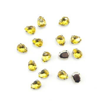 HAND® Set of 15 Golden Yellow Teardrop Glass Crystal Sew in Trims with Silver Tone Metal Mounts - 8 x 6 mm