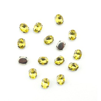 HAND® Set of 15 Golden Yellow Oval Crystal Sew In Trims with Silver Tone Metal Mounts - 8 x 6 mm