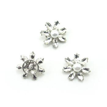 HAND® No.15 Set of 3 Large Clear Glass Crystal & Central Pearl Flower Fashion Buttons in Metal Mounts - 28 mm