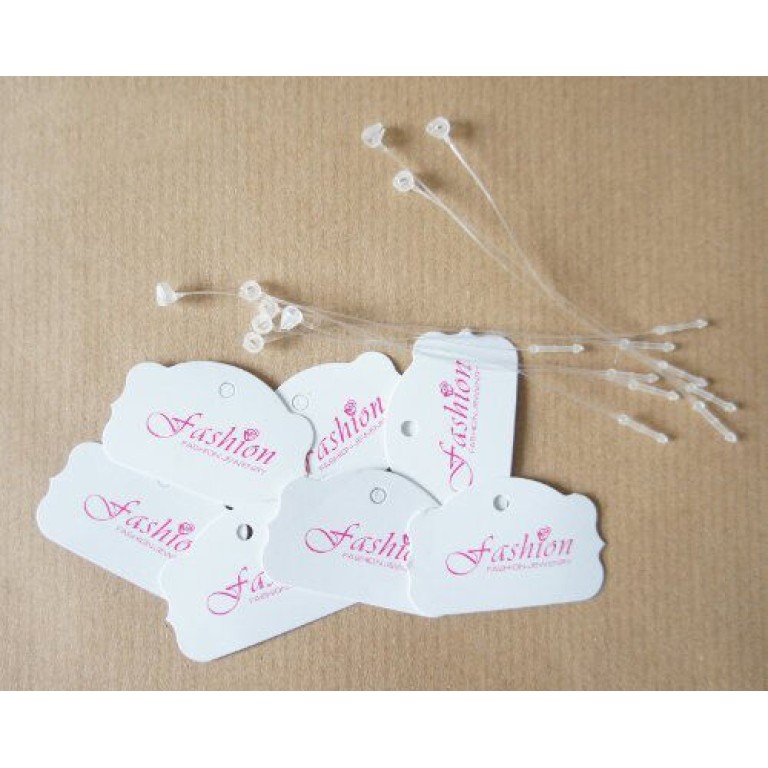 White Shaped Small Paper Tags with Pink "FASHION" Word with Nylon Lock String - Appx 500 pcs White Shaped Small Paper Tags with Pink "FASHION" Word with Nylon Lock String - Appx 500 pcs