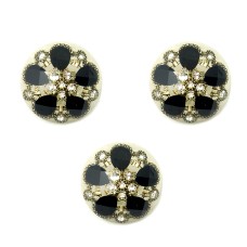 HAND® Set of 3 Large Luxurious Black Crystal Buttons in an Antique Gold Tone Setting - 30 mm