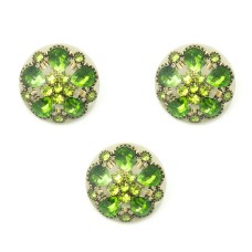 HAND® Set of 3 Large Luxurious Green Crystal Buttons in an Antique Gold Tone Setting - 30 mm