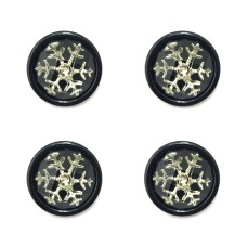 HAND® Set of 4 Snow Flake Buttons with Clear Crystal and Silver Tone Metal on Black in a Black Acrylic Setting - 20 mm