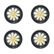 HAND® Set of 4 White and Gold Tone Chamomile Flower Buttons in a Black Acrylic Setting - 28 mm